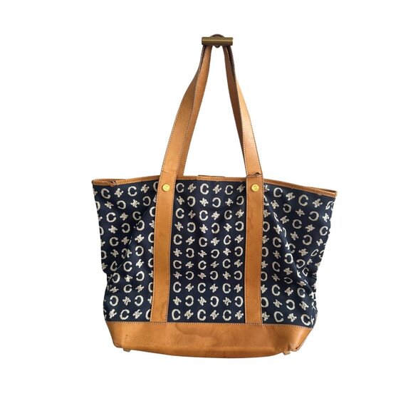 CELINE Vintage Tan Blue Macadam Tote Shoulder Bag - Picture 3 of 16